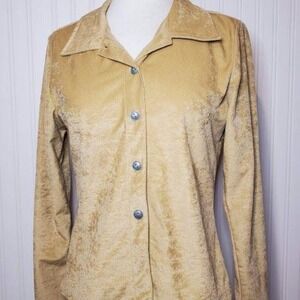 Vintage Jordache Fashion Womens Tan Velvet Long Sleeve Button Up Shirt Top Sz M